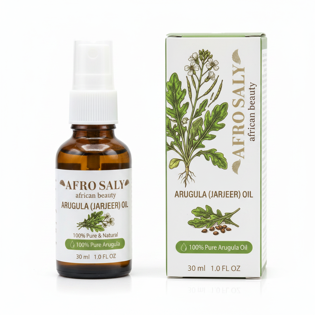 Afro Saly Arugula Jarjeer Oil 30ml bottle and box on white background