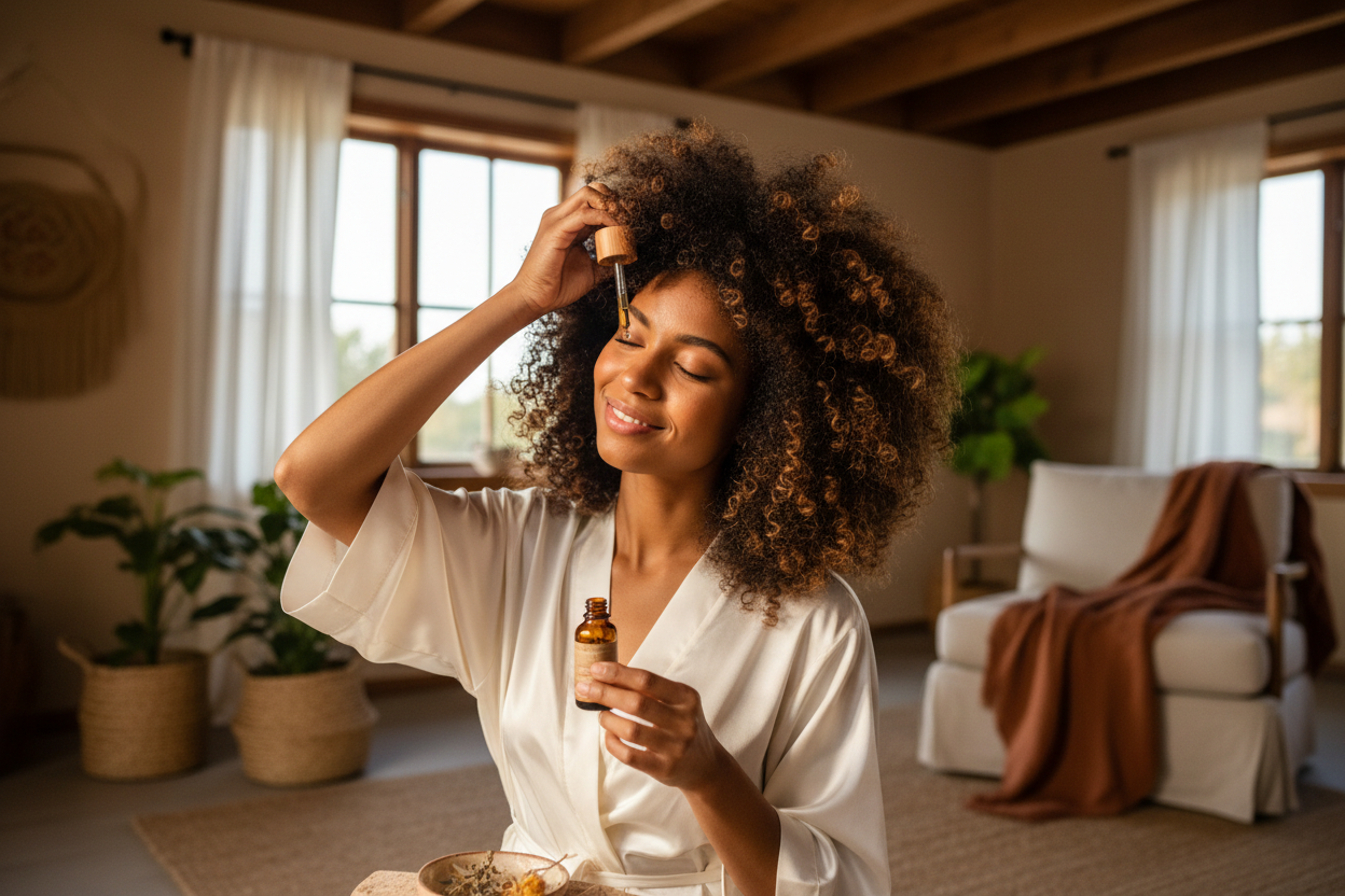 Lifestyle shot of hair booster oil being applied